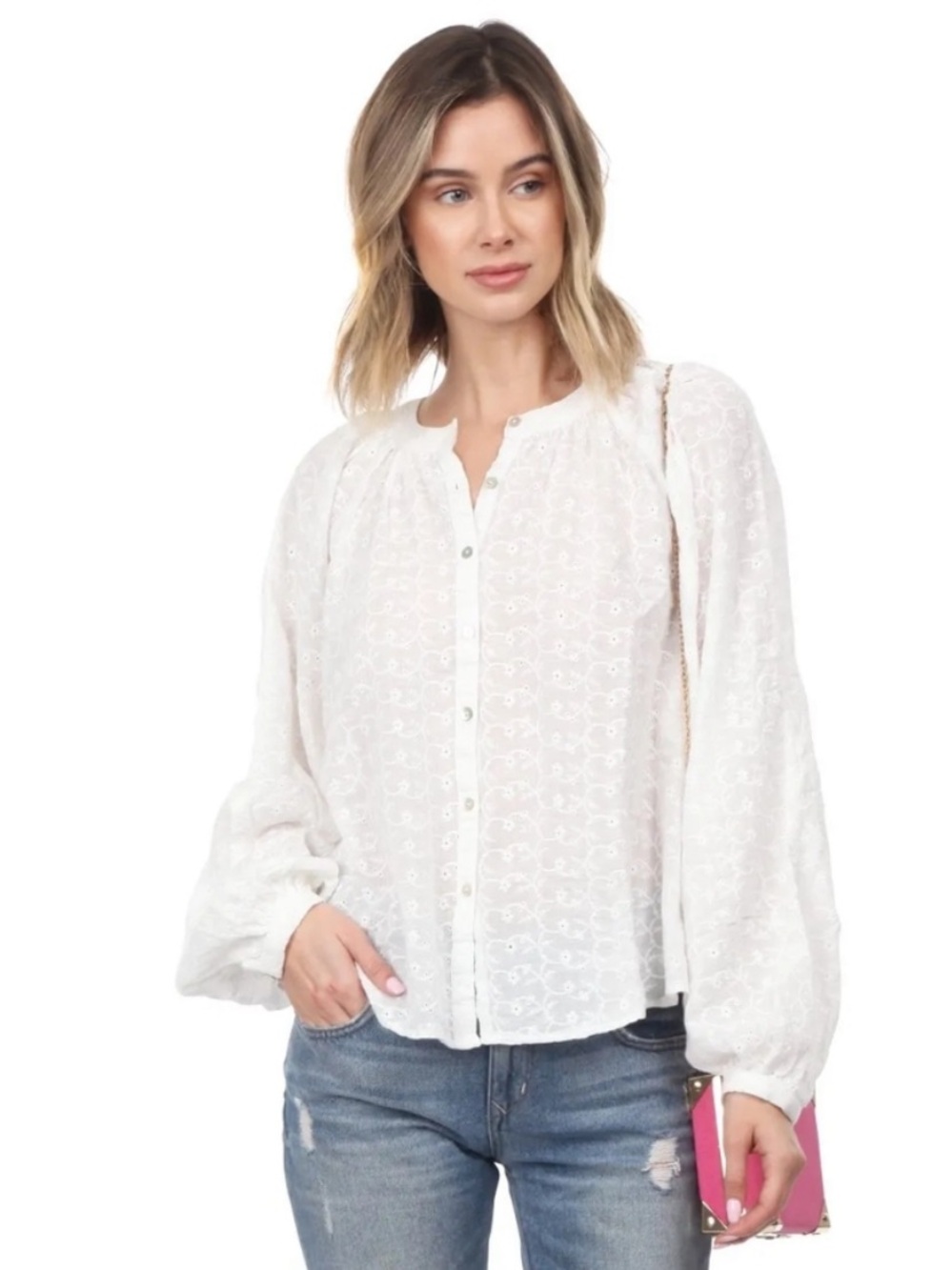 Free People White Embroidered Button-Front Blouse
